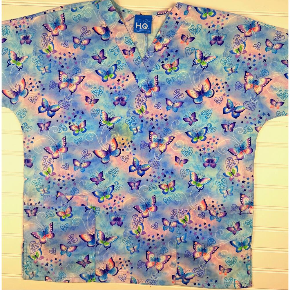 Scrub HQ Butterfly Print Scrub Top Women’s Size M Blue Purple V Neck Pockets